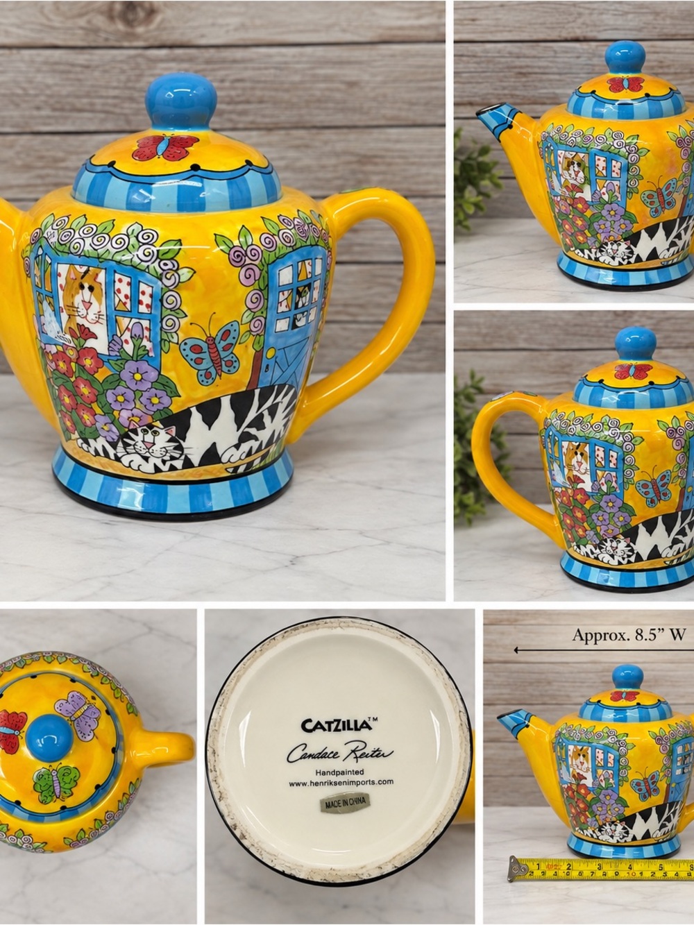 Catzilla Candace Reiter hand Painted  Orange Cat-Theme Ceramic Teapot